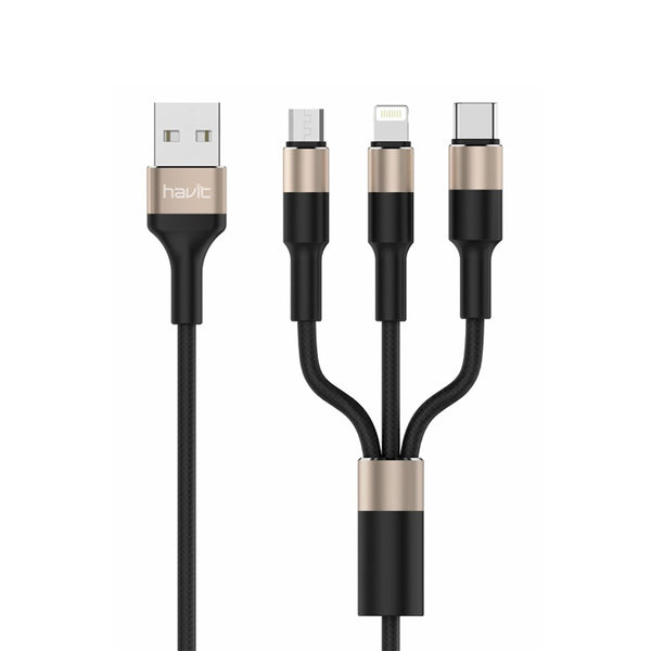 Havit 3-in1 USB to lightning+Type-C + MicroUSB charging and data Aluminum connectors and woven cover cable (1.2M)